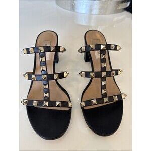 Valentino Black Leather Rockstud Open Toe Heels Sandals Shoes Size EU 37.5 7.5